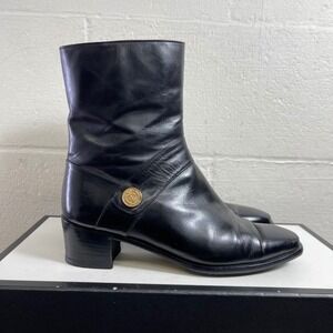 Salvatore Ferragamo Black Leather Moto Boots Gold Coin Button Zip Side Womens 5